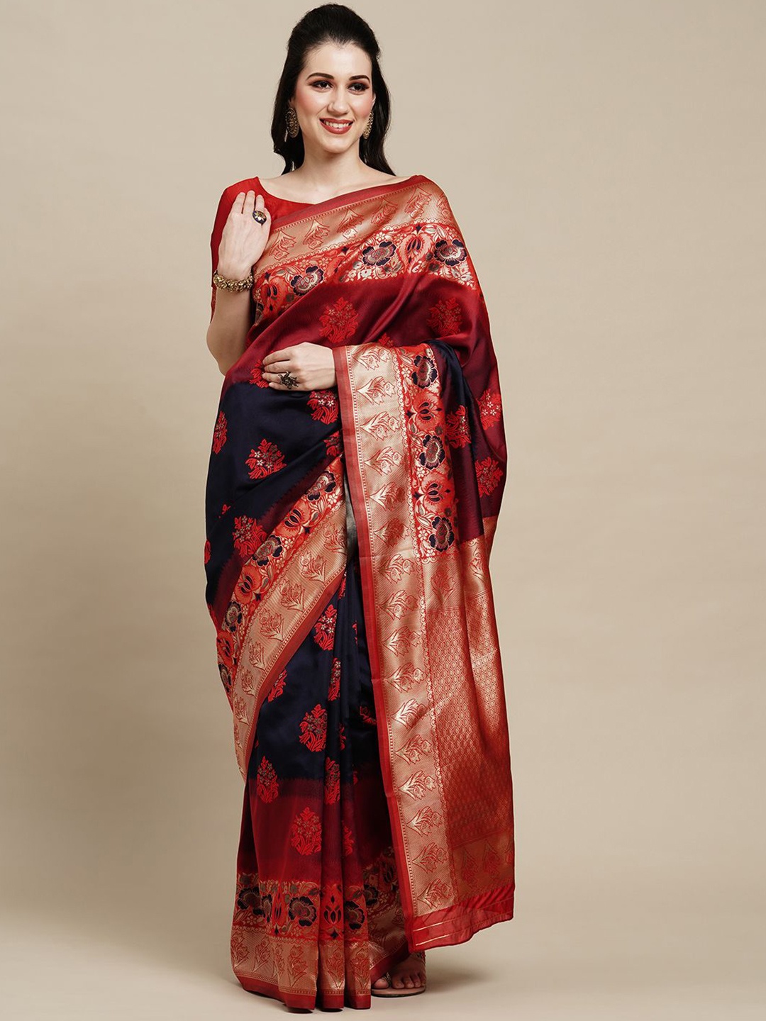 

Anouk Rustic Woven Design Zari Silk Blend Kanjeevaram Saree, Navy blue