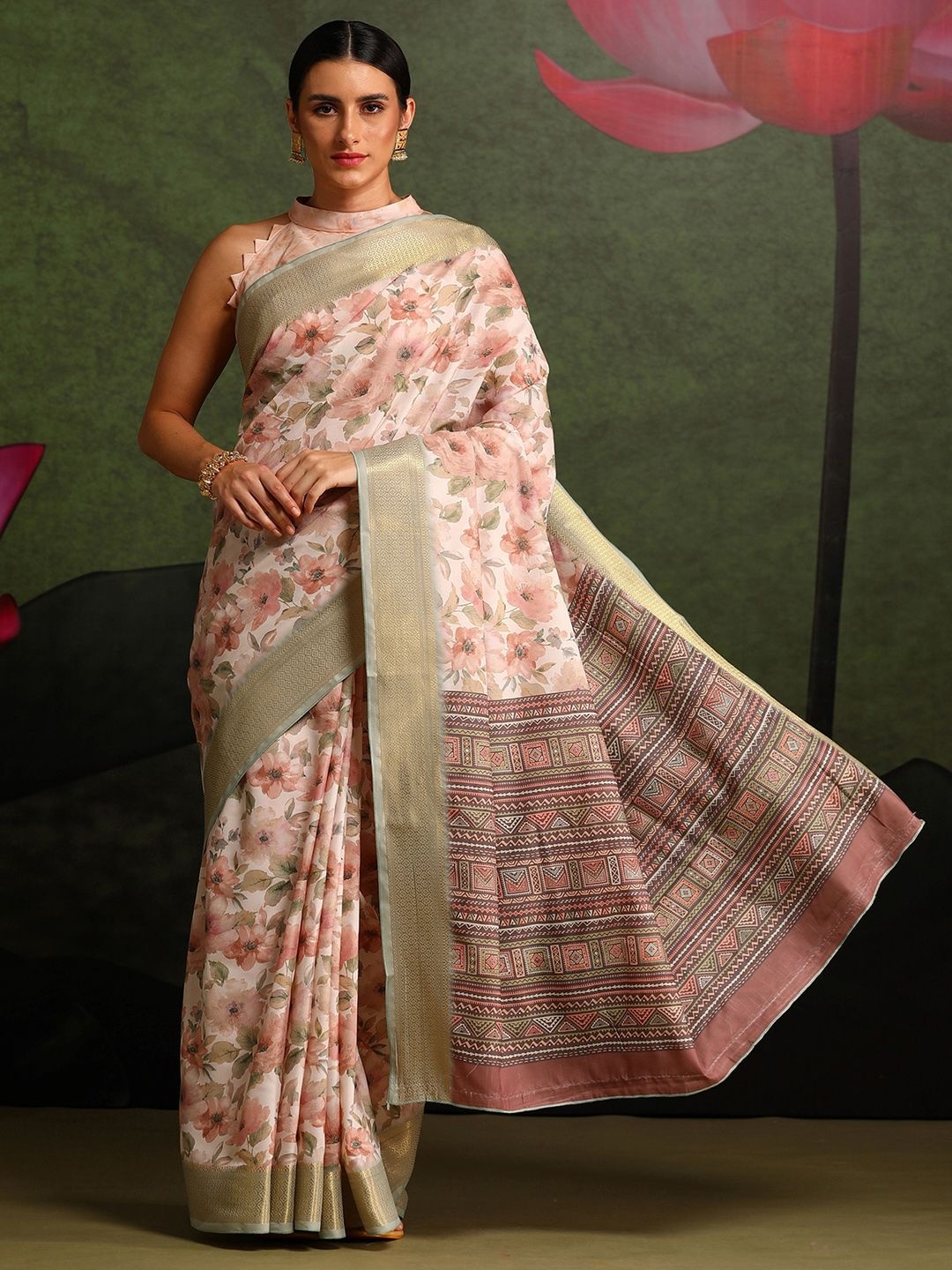 

Mitera Floral Zari Silk Blend Sungudi Saree, Cream