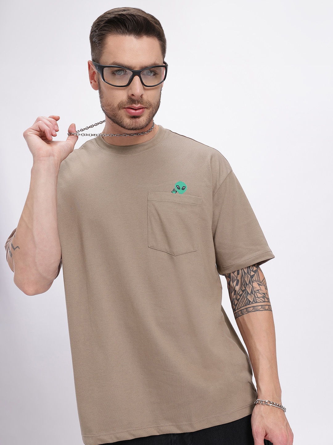 

glitchez Pocket Edge Printed Oversized T-shirt, Taupe
