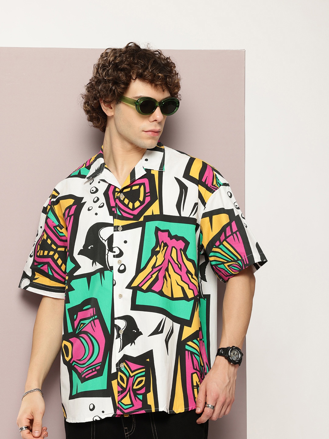 

Kook N Keech Pure Cotton Cuban Collar Opaque Printed Oversized Casual Shirt, Multi