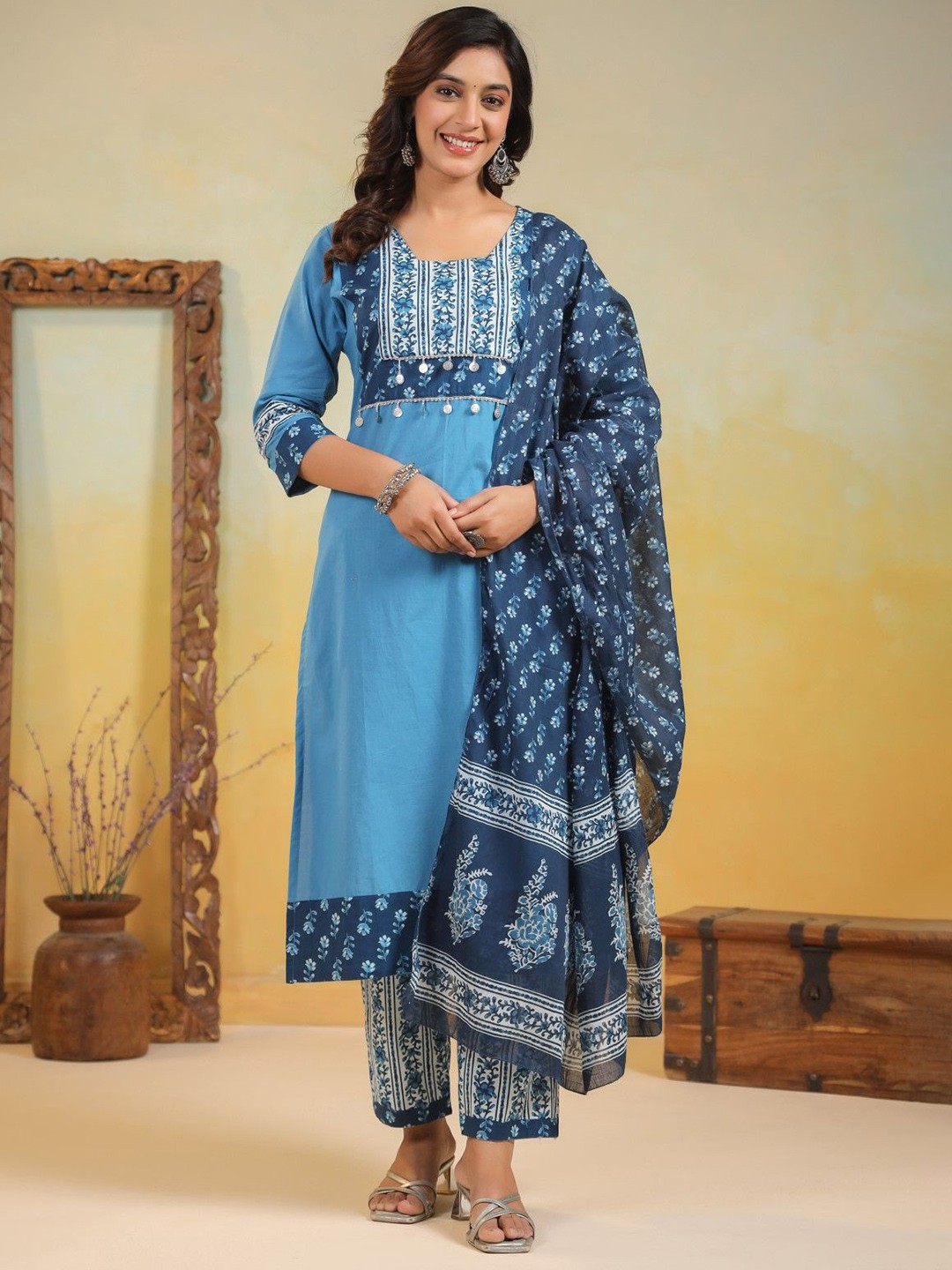 

AUTUMN LANE Floral Yoke Design Pure Cotton Straight Kurta With Trouser & Dupatta, Blue