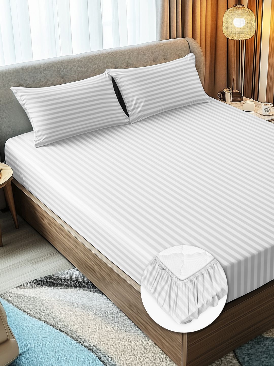 

Story@home White Striped Microfiber 300 TC Queen Fitted Bedsheet Set-2.20mX2.40m