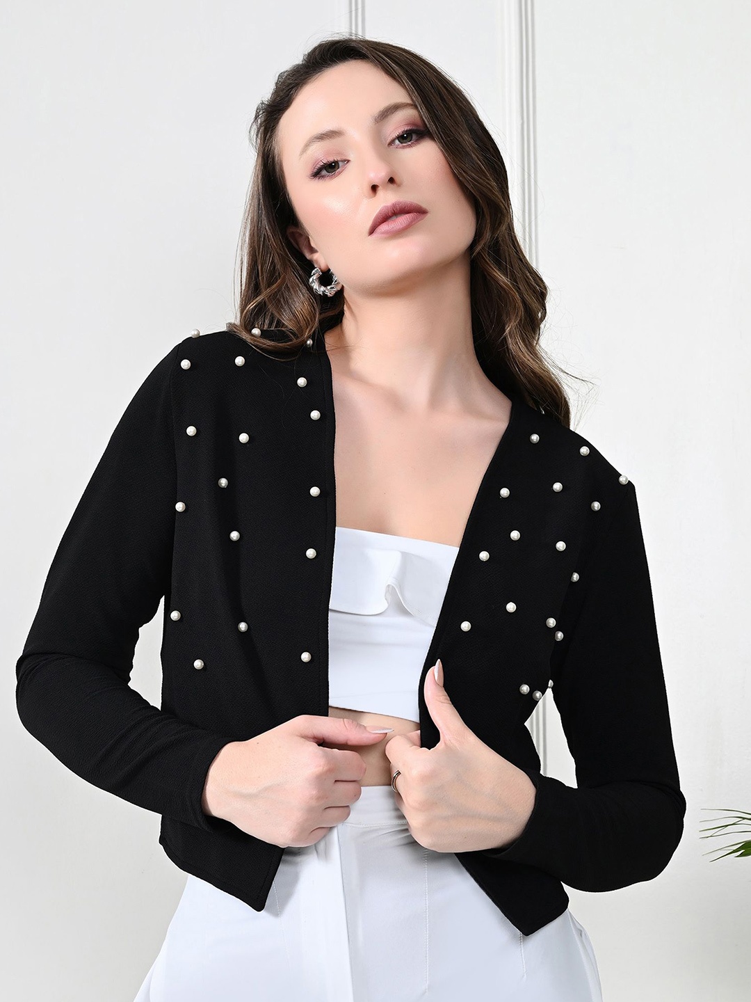 

BAESD Embellished Long Sleeves Open Front Crop Shrug, Black