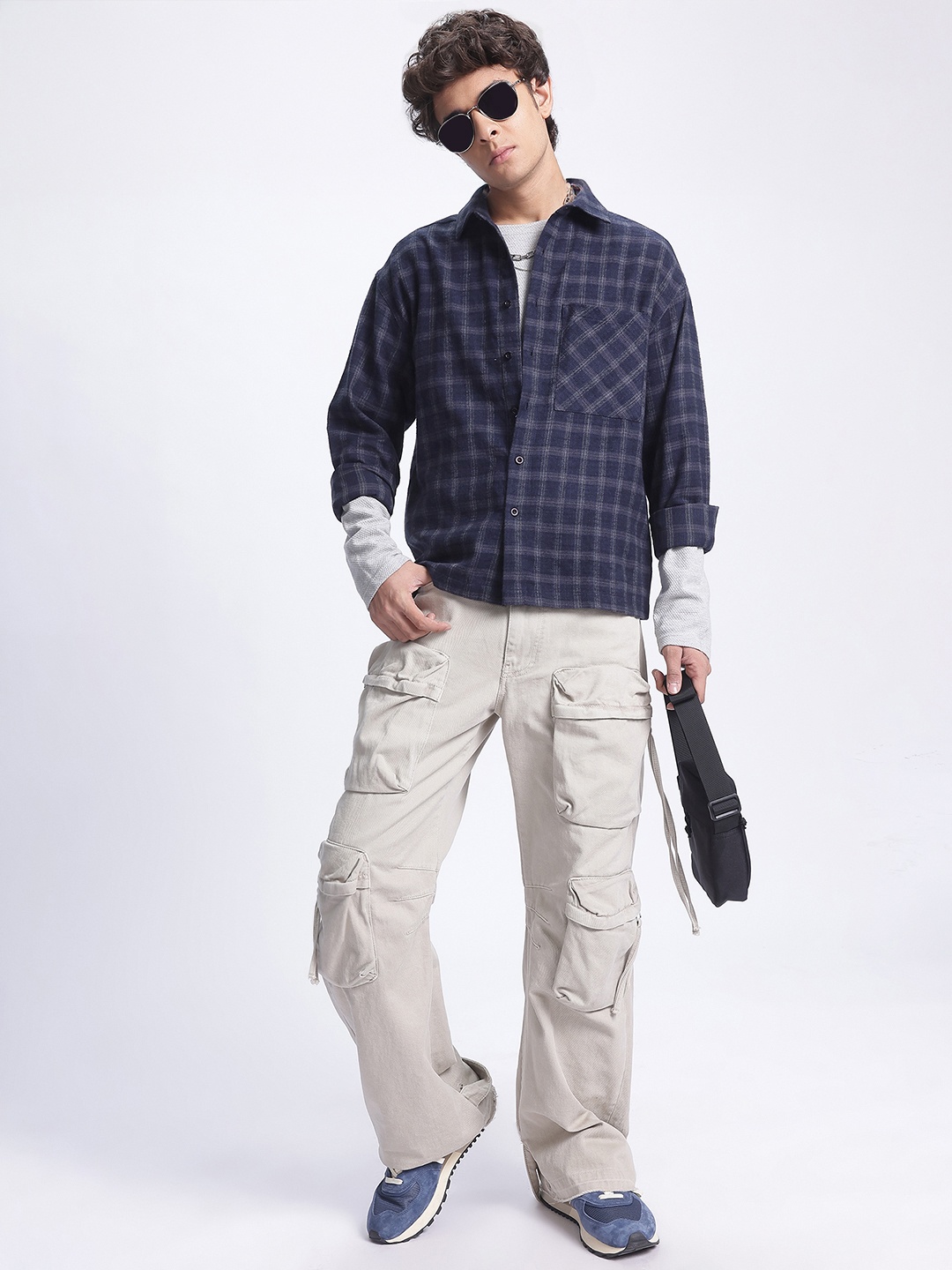 

glitchez Tailored Perfection Checked Oversized Shirt, Navy blue