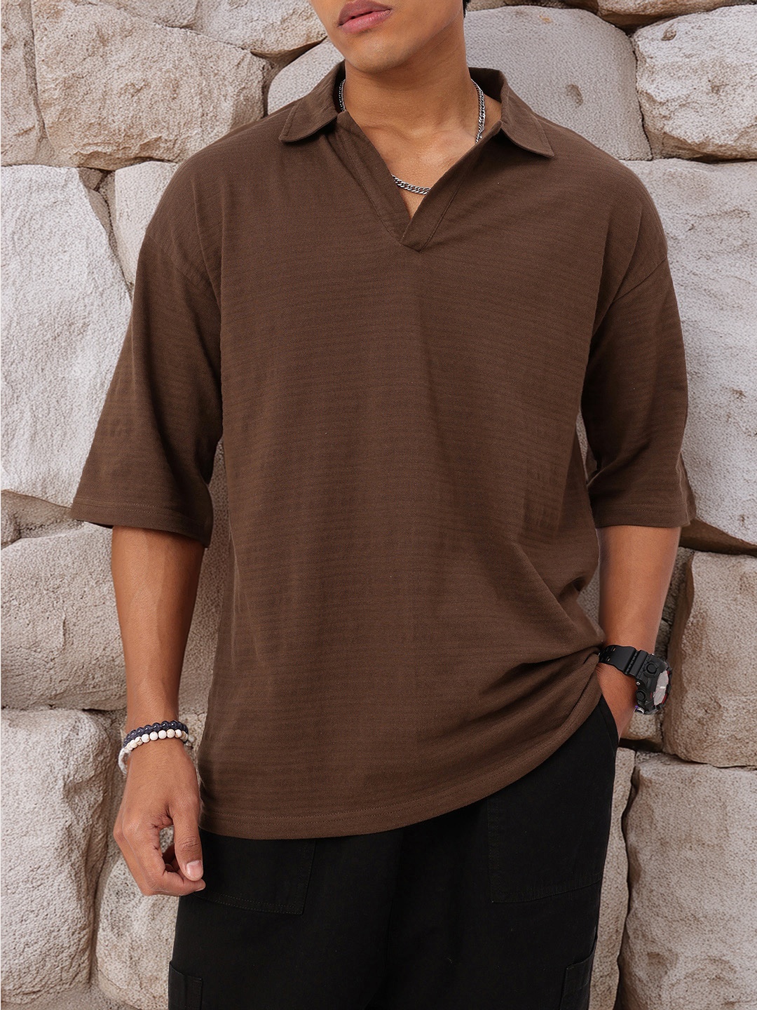 

Kook N Keech Street Twist Self Striped Textured Polo Collar Oversized T-shirt, Coffee brown