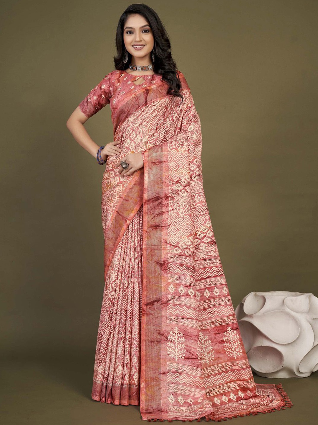 

Anouk Rustic Ethnic Motifs Silk Blend Dabu Saree, Pink