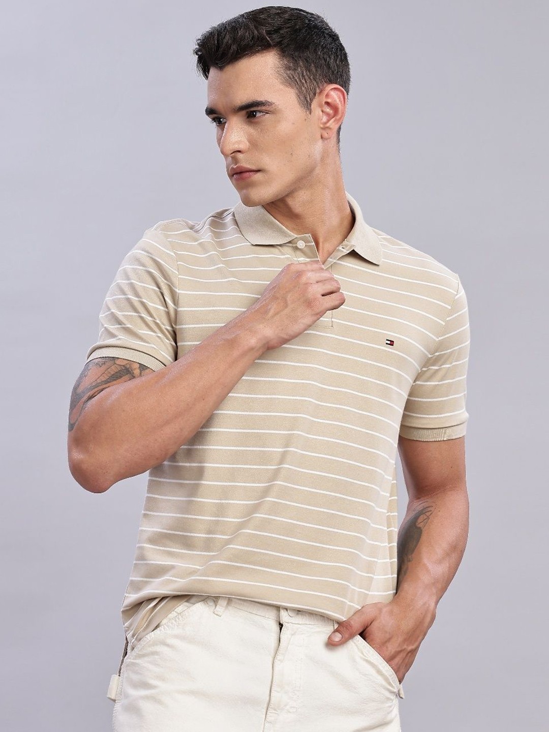 

Tommy Hilfiger Men Brand Logo Striped Polo Collar Pure Cotton T-shirt, Beige