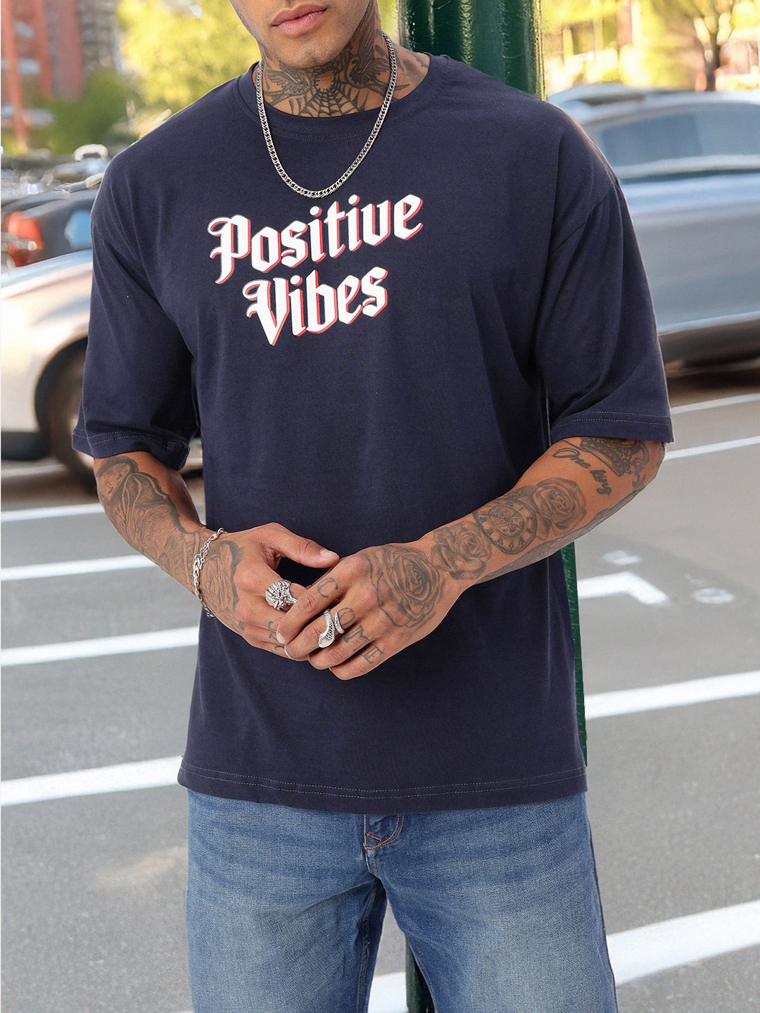 

Kook N Keech Optimistic Grunge Spirit Printed Oversized T-shirt, Navy blue