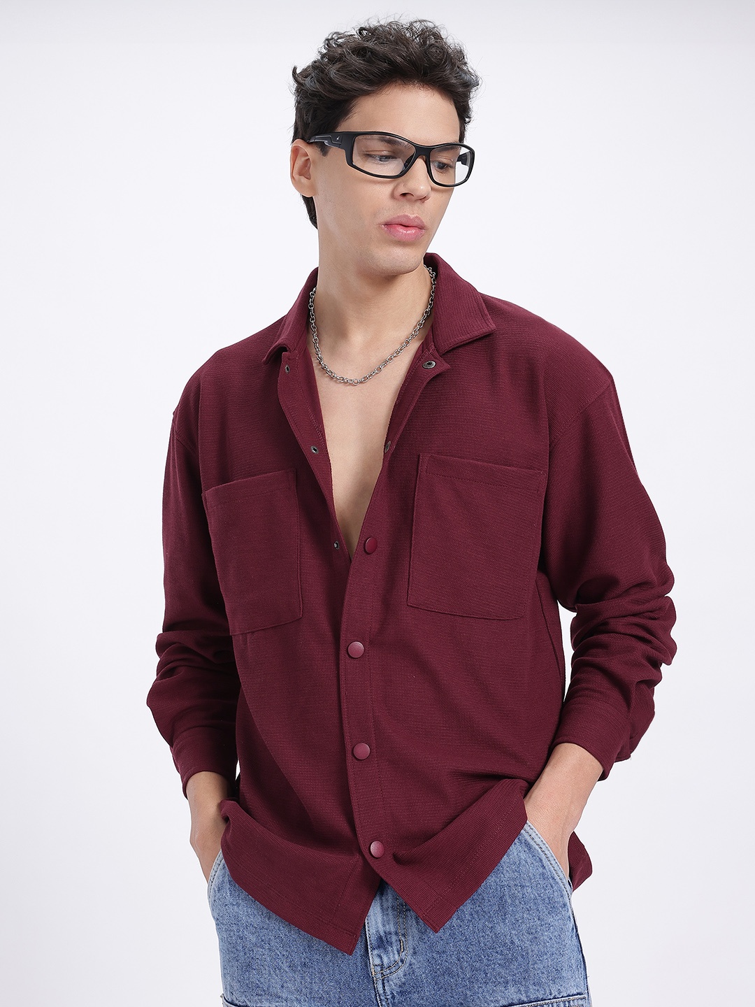 

glitchez Dynamic Zig Zag Textured Drop-Shoulder Relaxed Fit Shirt, Maroon