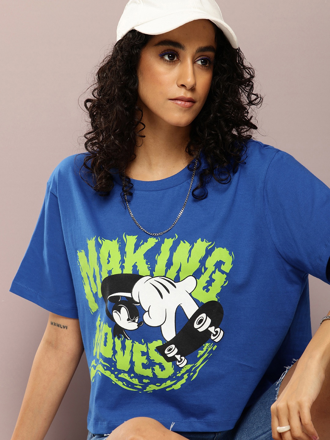 

Kook N Keech Disney Mickey Mouse Printed Drop-Shoulder Sleeves Boxy Pure Cotton T-shirt, Blue
