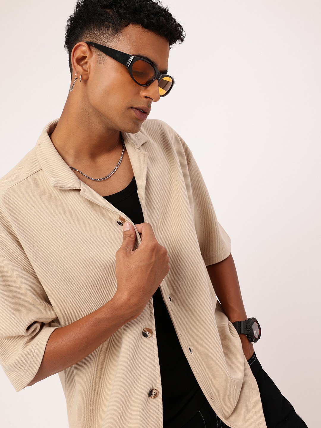 

Kook N Keech City Slicker Self Striped Oversized Casual Shirt, Beige
