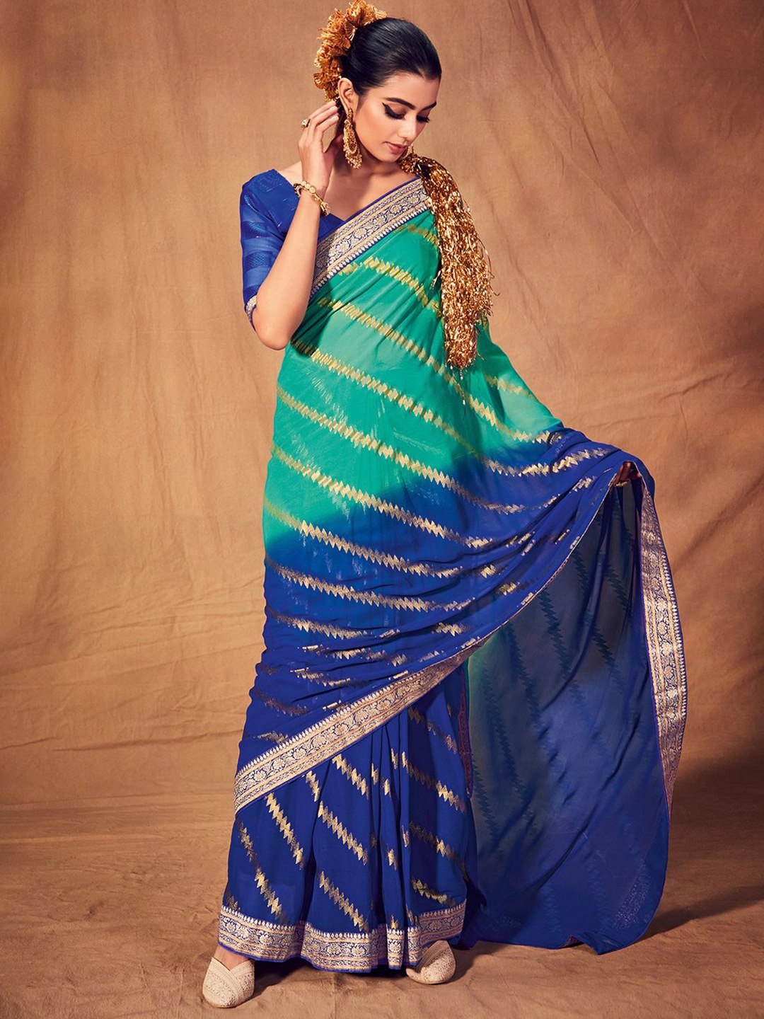 

Anouk Rustic Zari Poly Georgette Saree, Blue