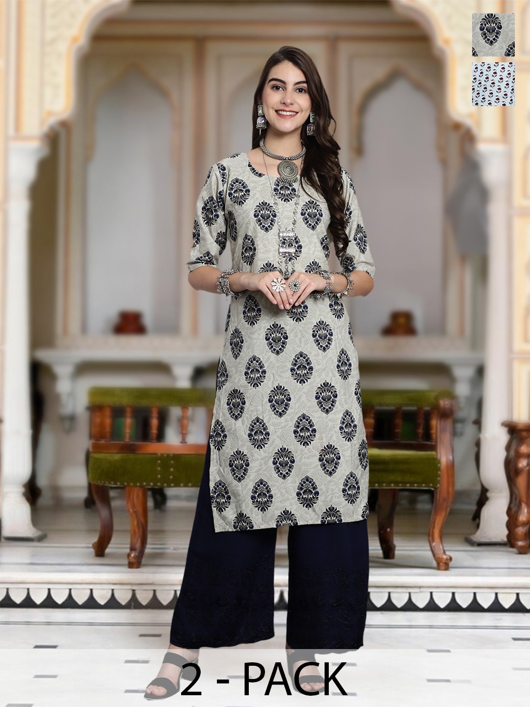 

Moda Rapido Selection Of 2 Floral Printed Round Neck Straight Kurta, Grey