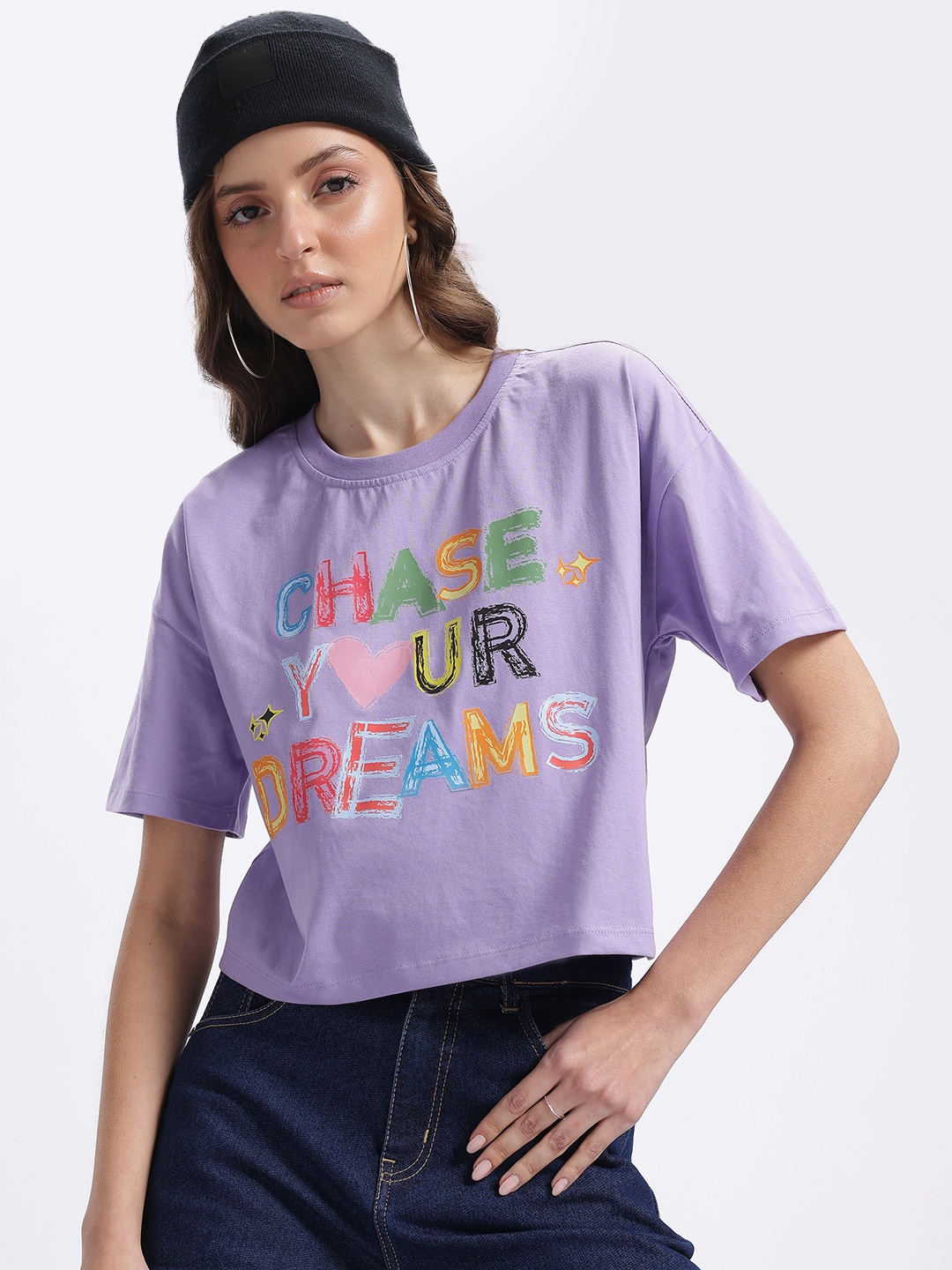 

glitchez Trendy Taglines Drop-Shoulder Sleeves Printed Crop Boxy T-shirt, Purple