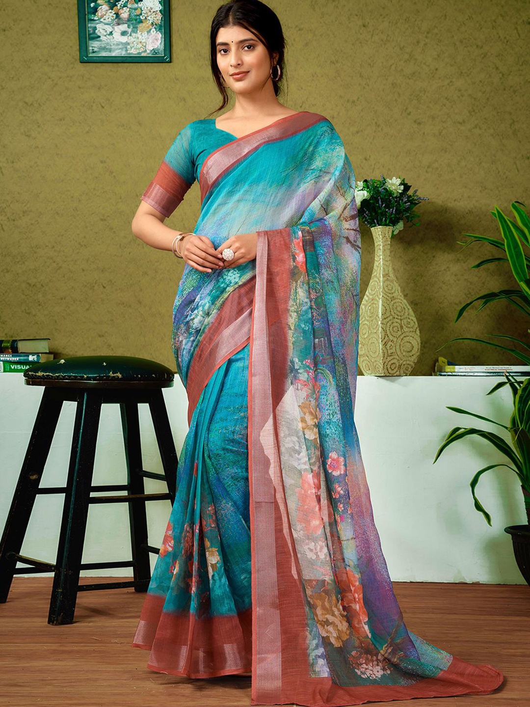 

all about you Floral Zari Pure Linen Ready to Wear Saree, Green