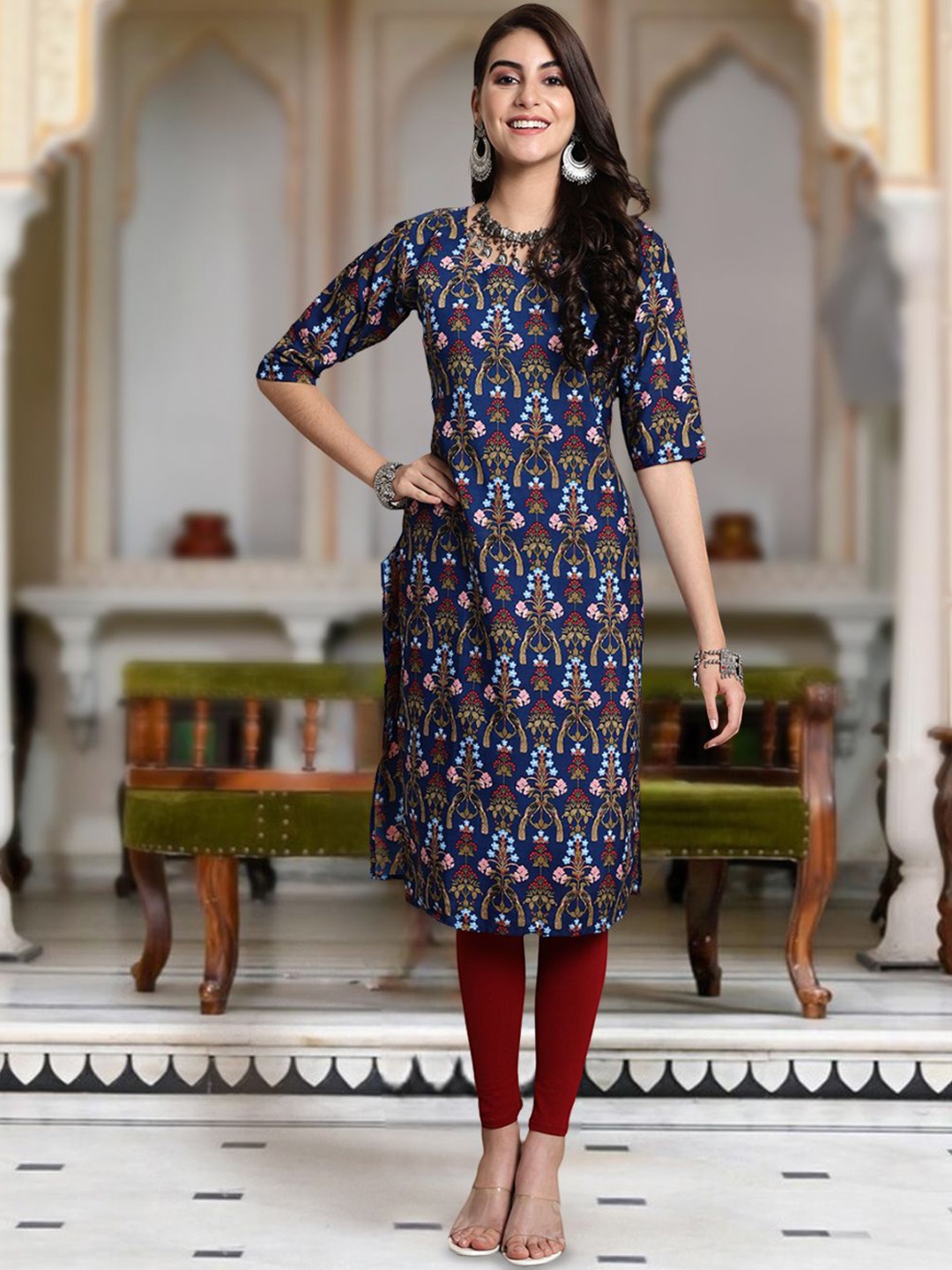 

Moda Rapido Floral Printed Round Neck Straight Kurta, Navy blue