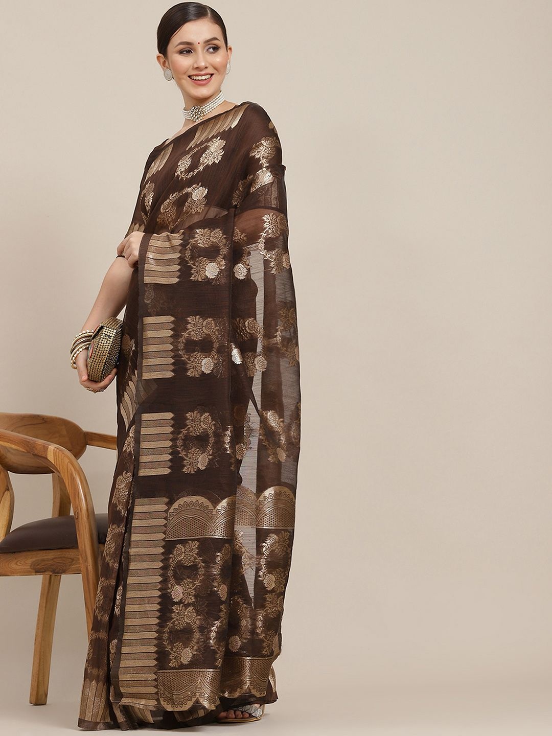 

Mitera Floral Zari Banarasi Saree, Brown