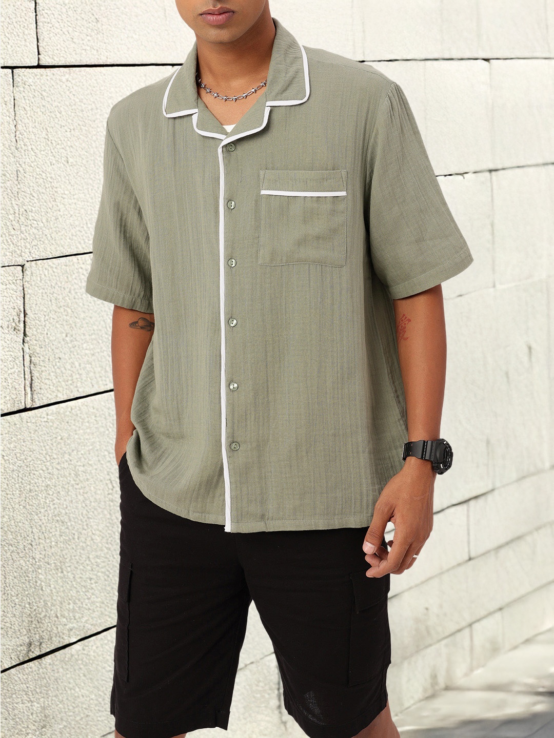 

Kook N Keech City Leisure Cuban Collar Oversized Fit Shirt, Grey