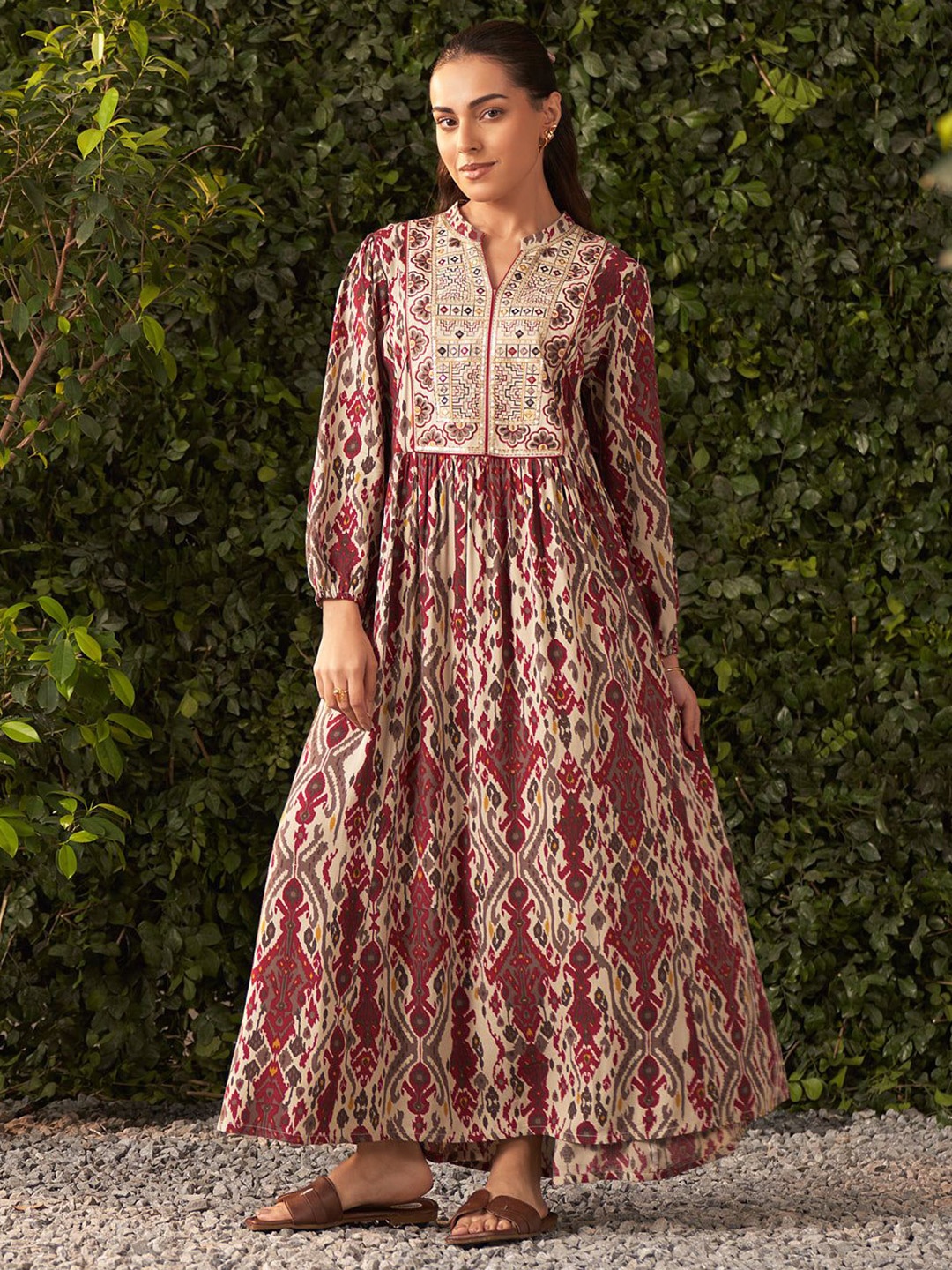 

Lakshita Wine Printed Rayon Flared Dress for Women, Maroon