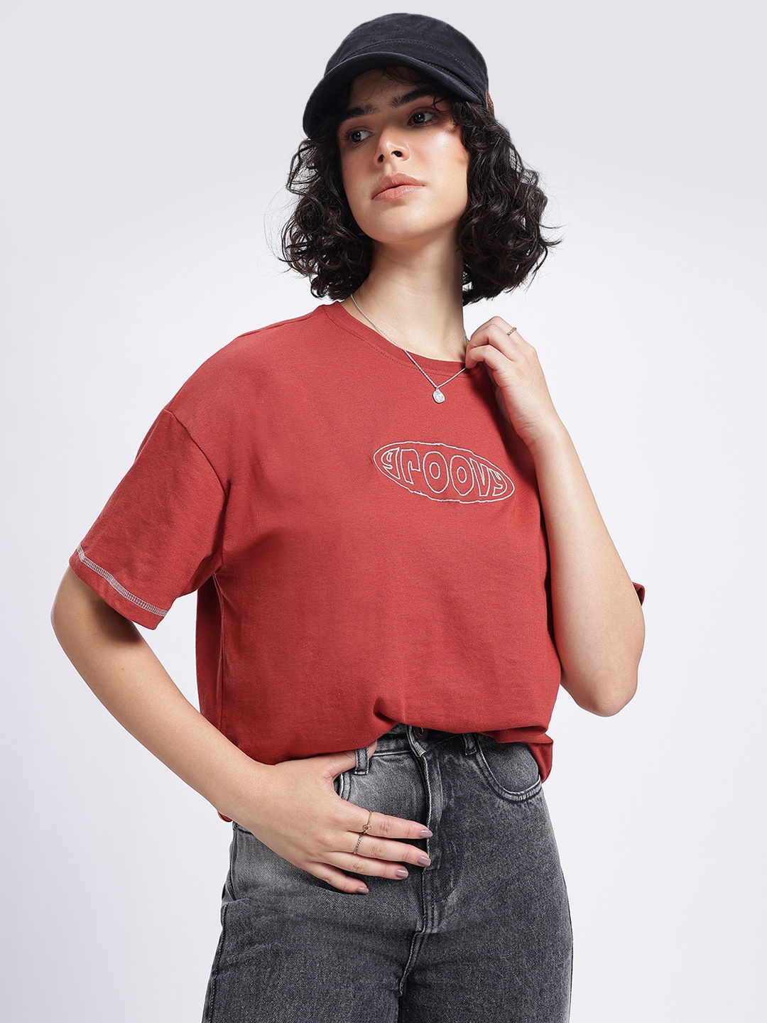 

glitchez Casually Cool Dropped Sleeve Oversized Rizz T-Shirt, Rust