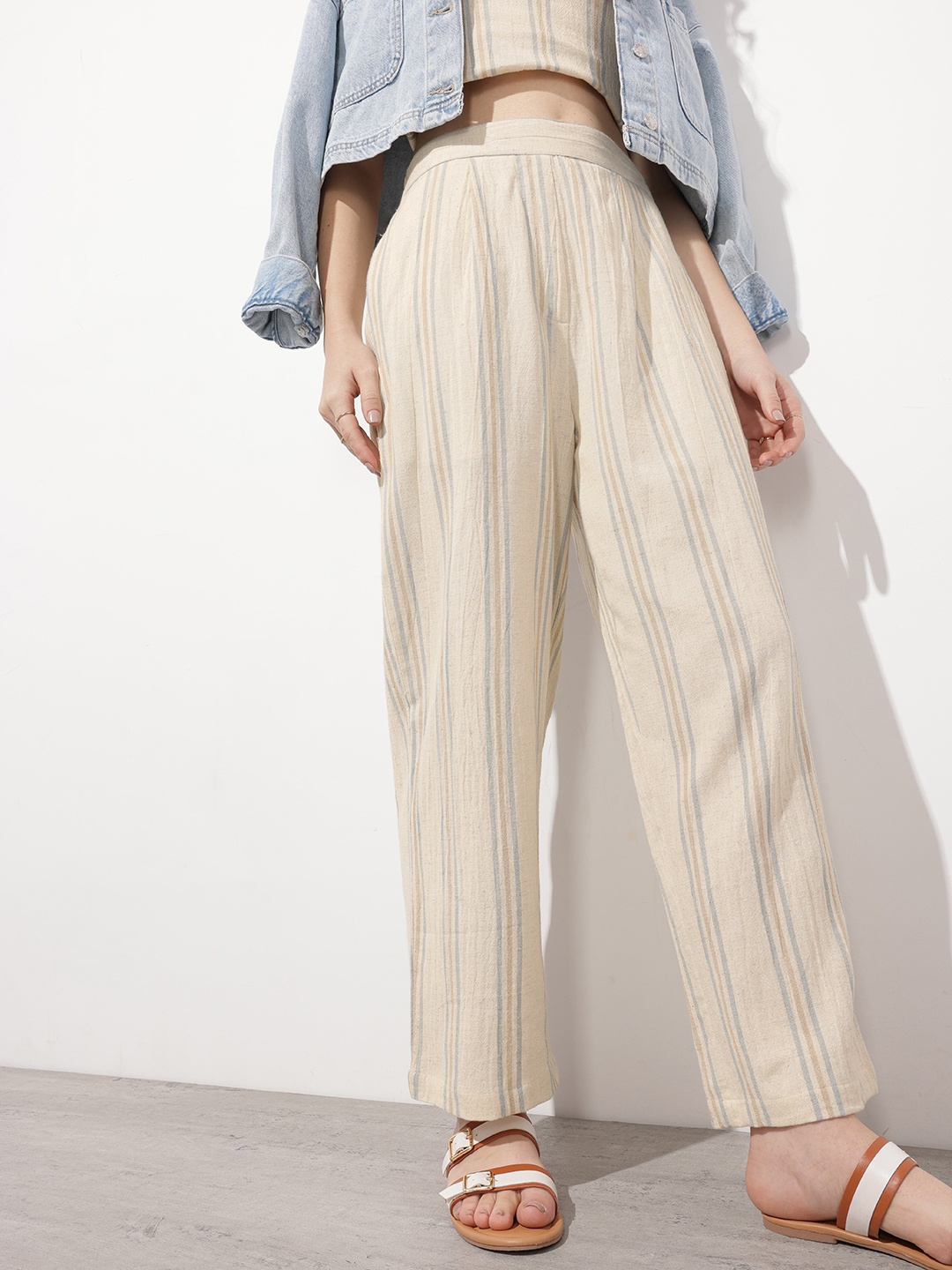 

DressBerry Thriving Vibes Striped Serene Wide Leg Trousers, Beige