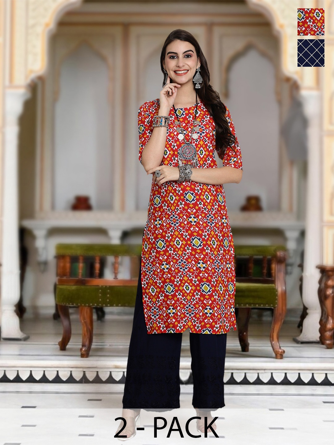 

Moda Rapido Selection Of 2 Ethnic Motifs Printed Round Neck Straight Kurta, Red
