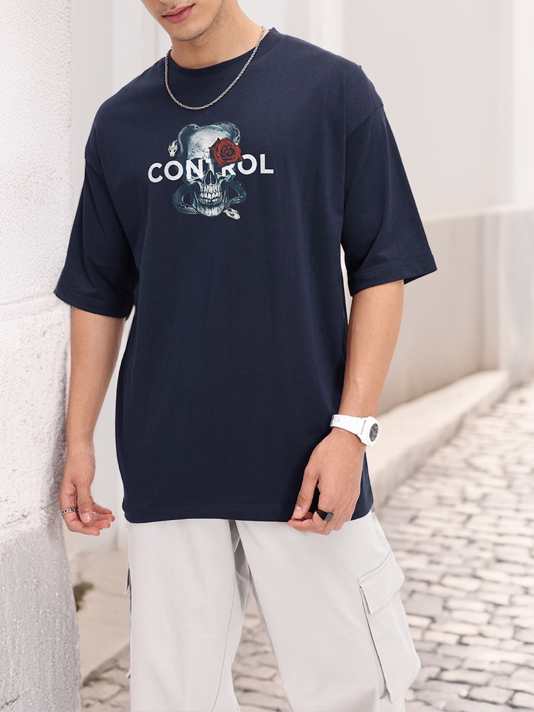 

Kook N Keech Lost Control Printed Oversized T-shirt, Navy blue