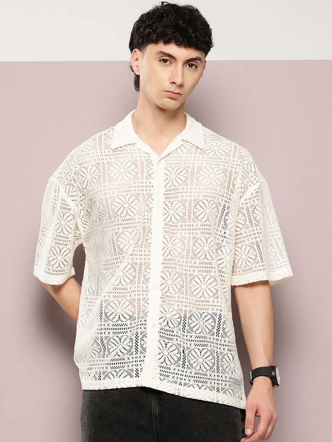 

Kook N Keech Open Knit Semi Sheer Relaxed Shirt, White