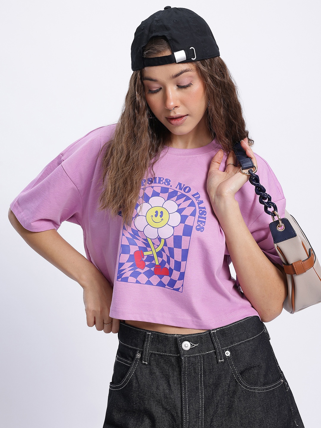 

glitchez Daisy Check Vibes Printed Drop-Shoulder Sleeves T-shirt, Mauve