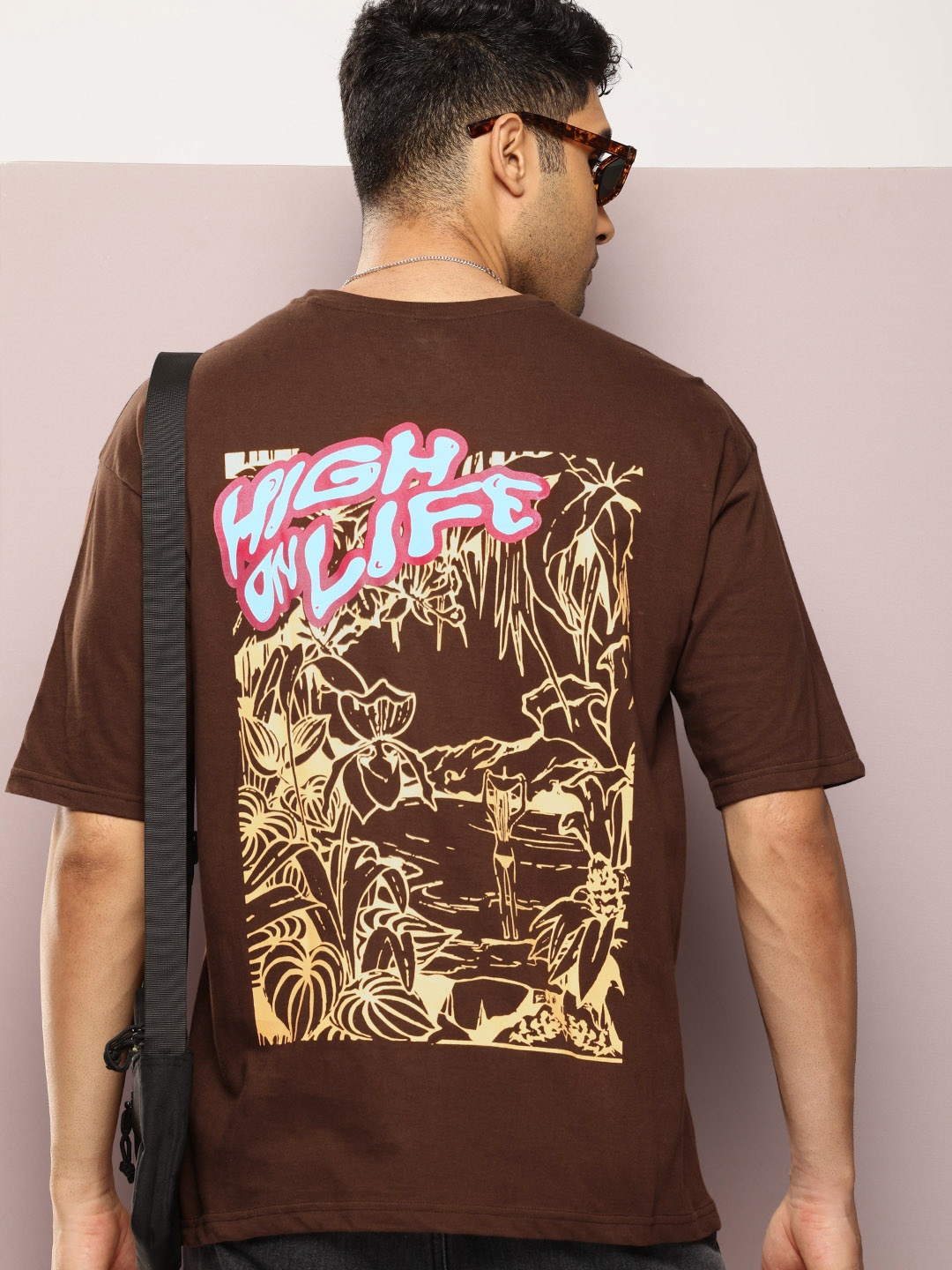 

Kook N Keech Printed Drop-Shoulder Sleeves Pure Cotton Oversized T-shirt, Brown