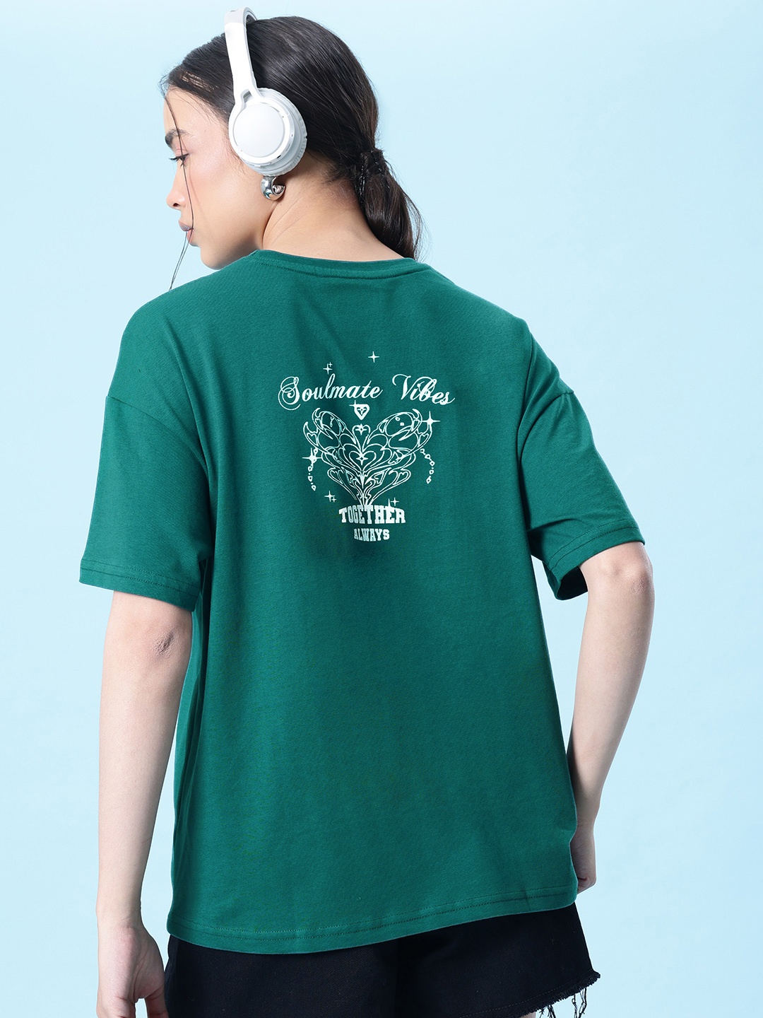 

glitchez Vibe Check Printed Oversized T-shirt, Teal