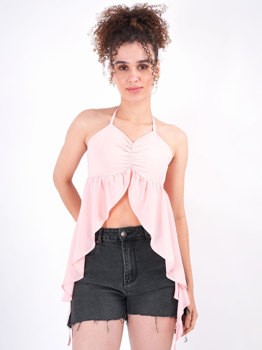 

clobug Tie-Up Neck Georgette Crop Top, Pink