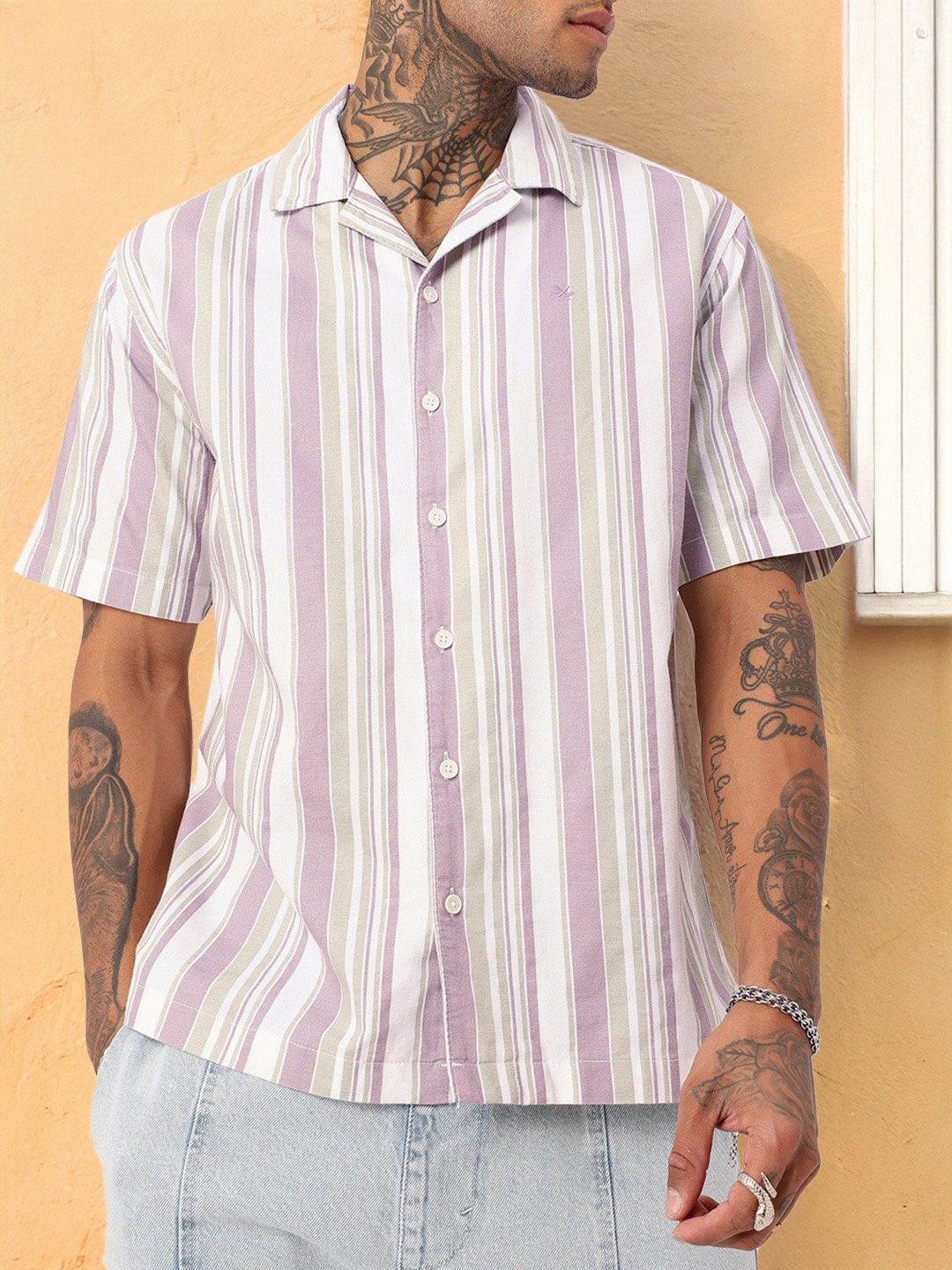 

WROGN Getaway Vertical Striped Resort Fit Shirt, Purple