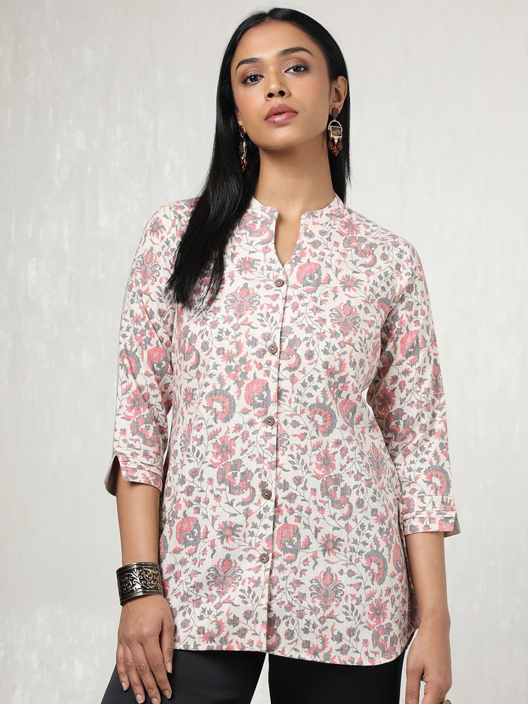 

Soch Linen Mandarin Collar Printed Tunic, Beige