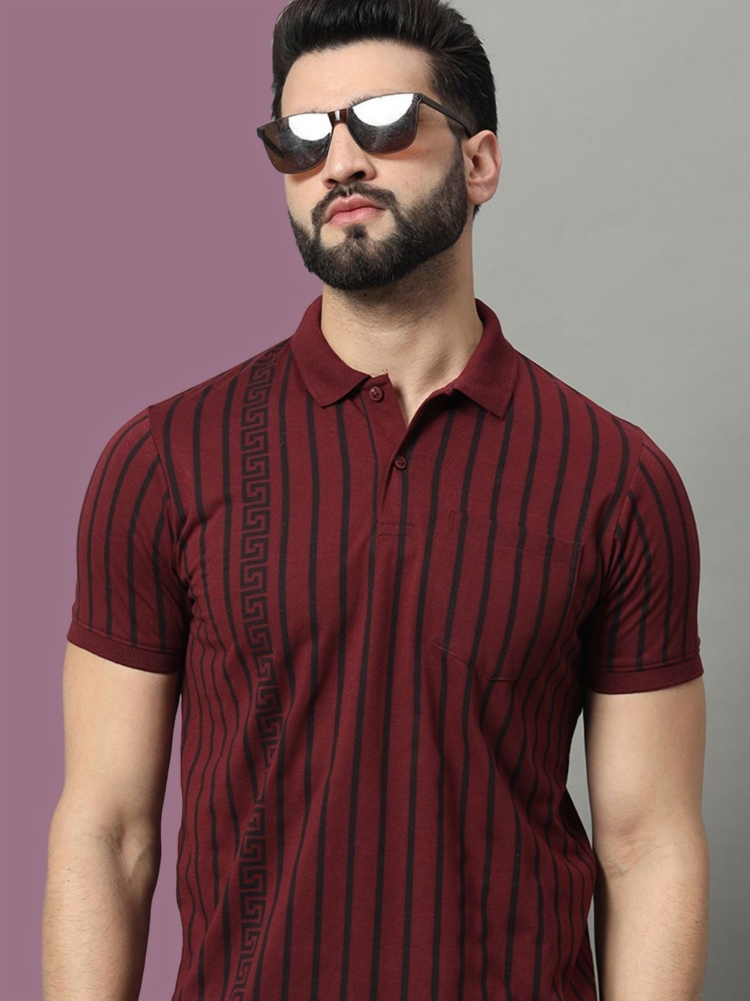 

OGEN Men Striped Polo Collar Extended Sleeves Pockets T-shirt, Maroon