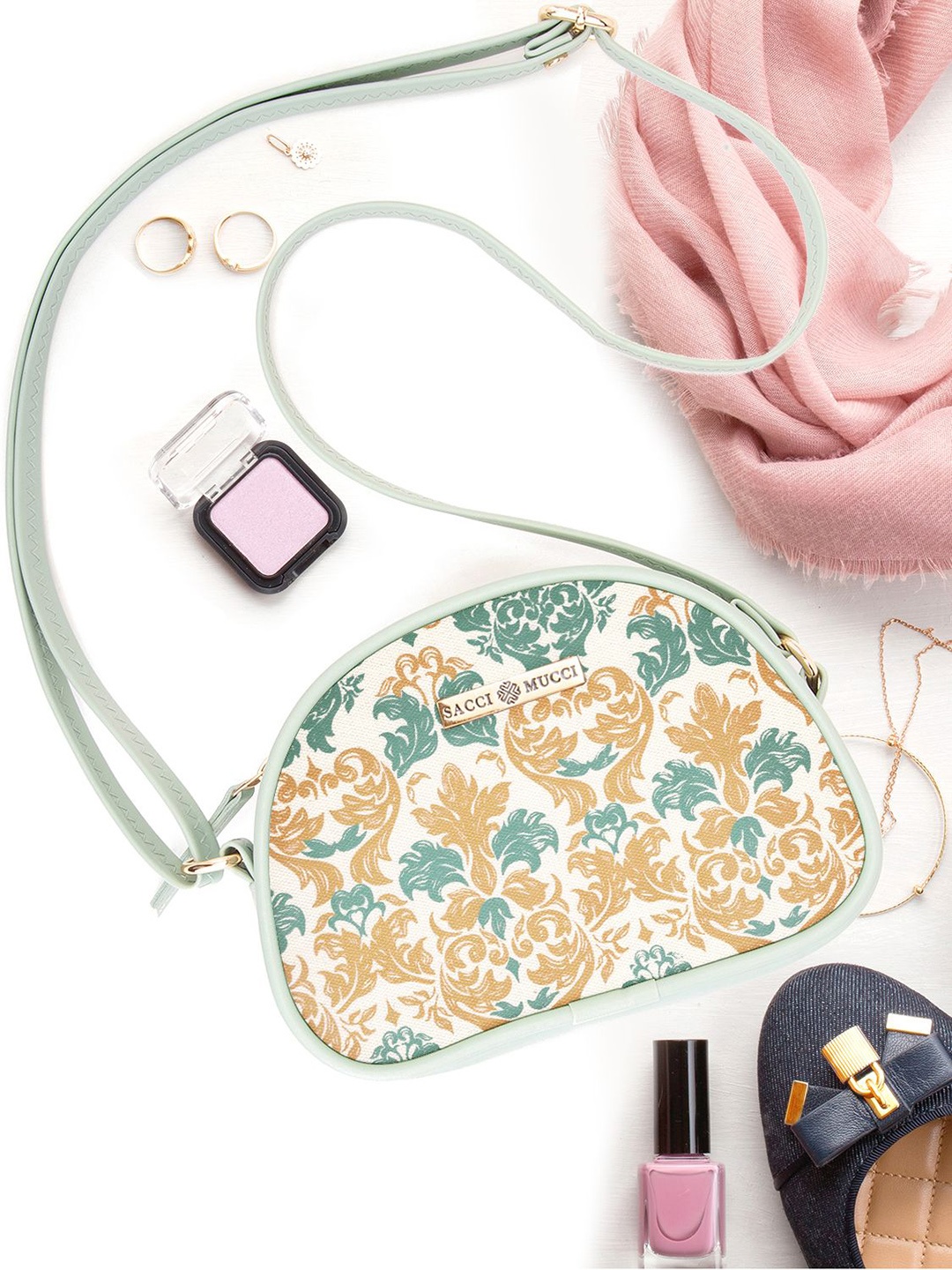 

Sacci Mucci Floral Printed Sling Bag with Applique, Sea green