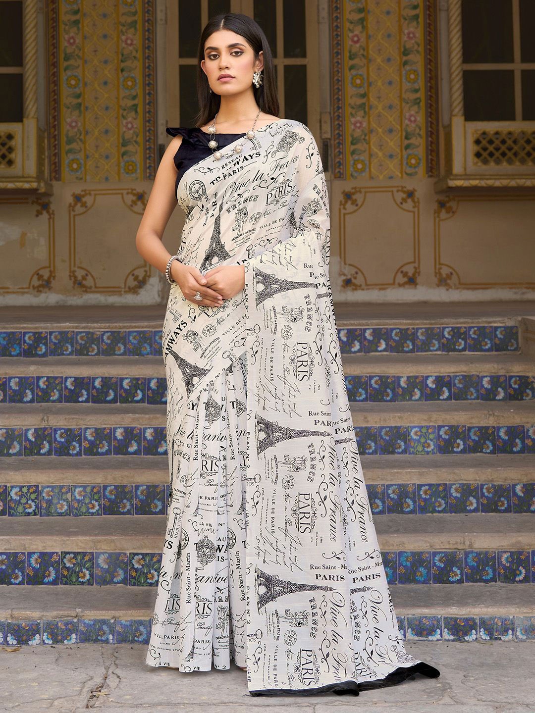

Anouk Rustic Ethnic Motifs Silk Blend Block Print Saree, White