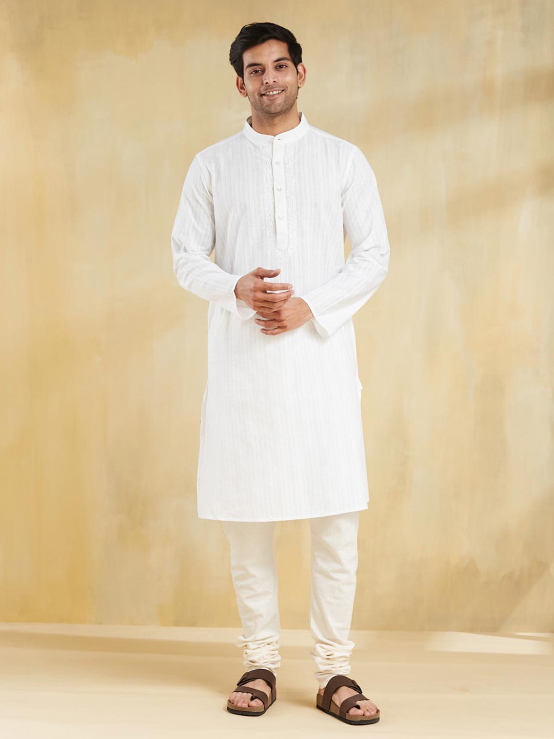 

Fabindia Striped Pure Cotton Mandarin Collar Straight Kurta, White