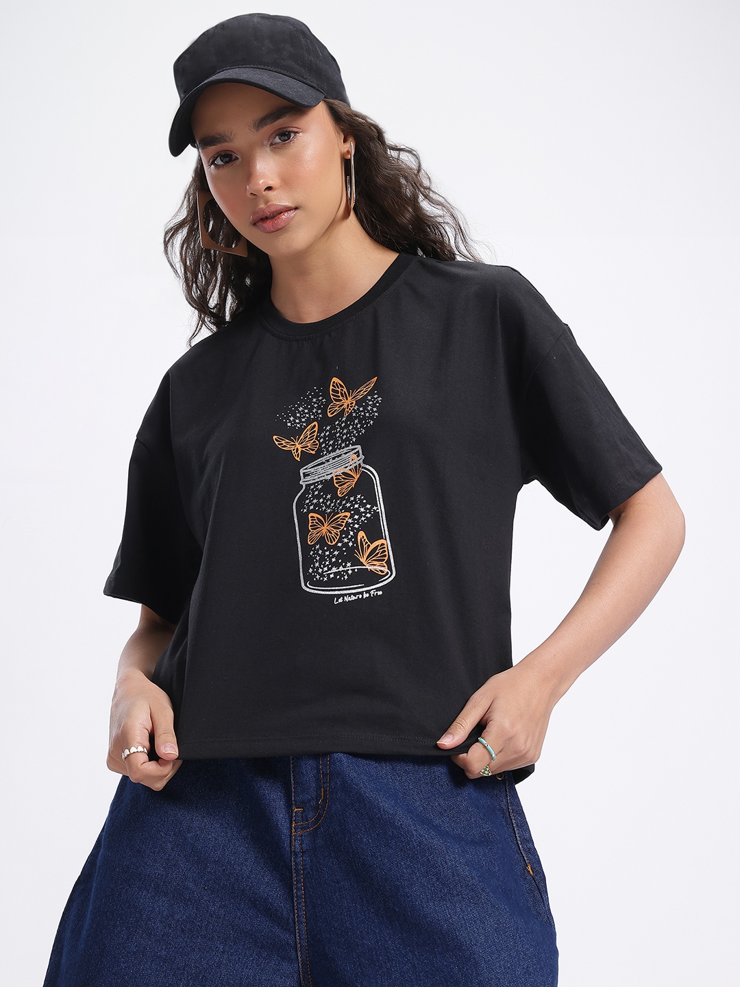 

glitchez Style Meets Sass Conversational Print Drop-Shoulder Sleeves Crop Boxy T-shirt, Black