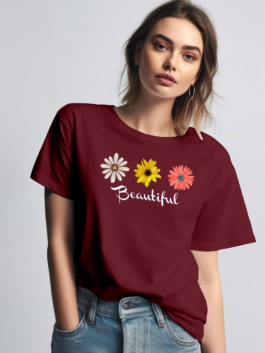 

Moda Rapido Women Printed Round Neck Tshirt, Maroon