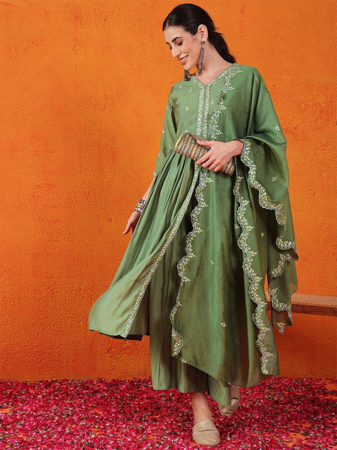 

Sangria Embroidered V-Neck Kurta, Palazzo & Dupatta Set, Green