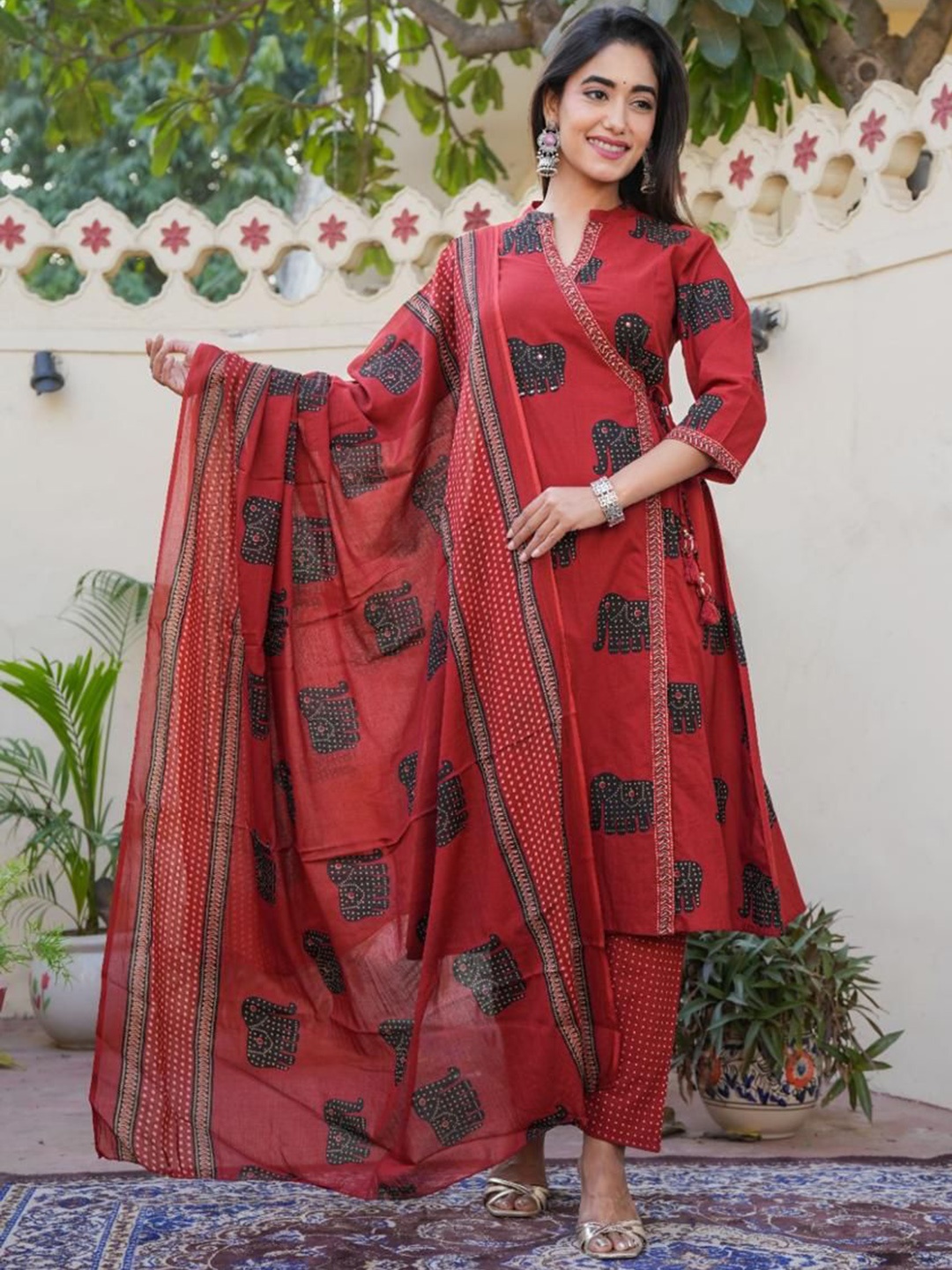 

KALINI Women Ethnic Motifs Printed Angrakha Pure Cotton Kurta with Trousers & With Dupatta, Red
