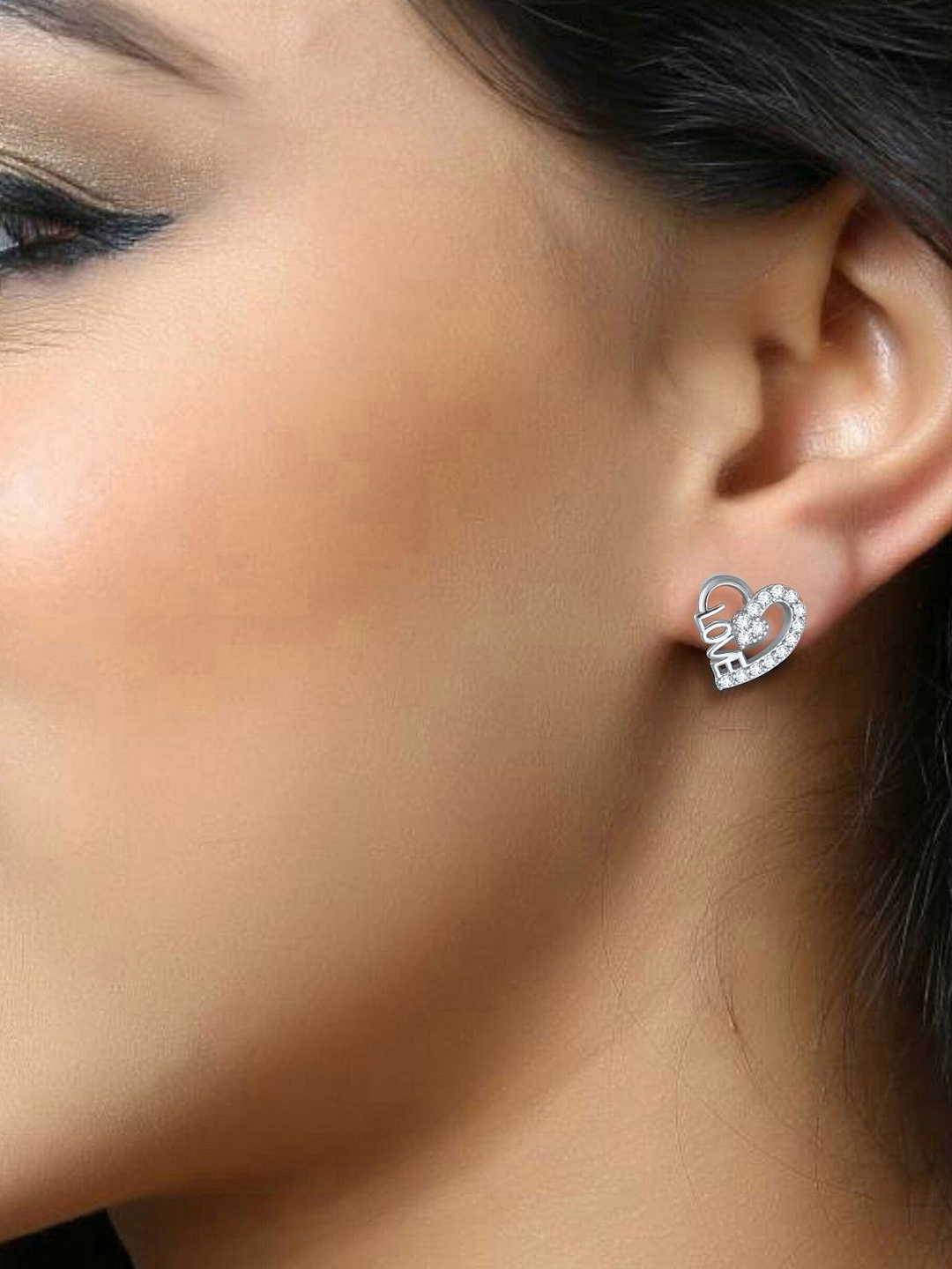 

DIVASTRI Rhodium-Plated Cubic Zirconia Studded Heart Shaped Studs, Silver