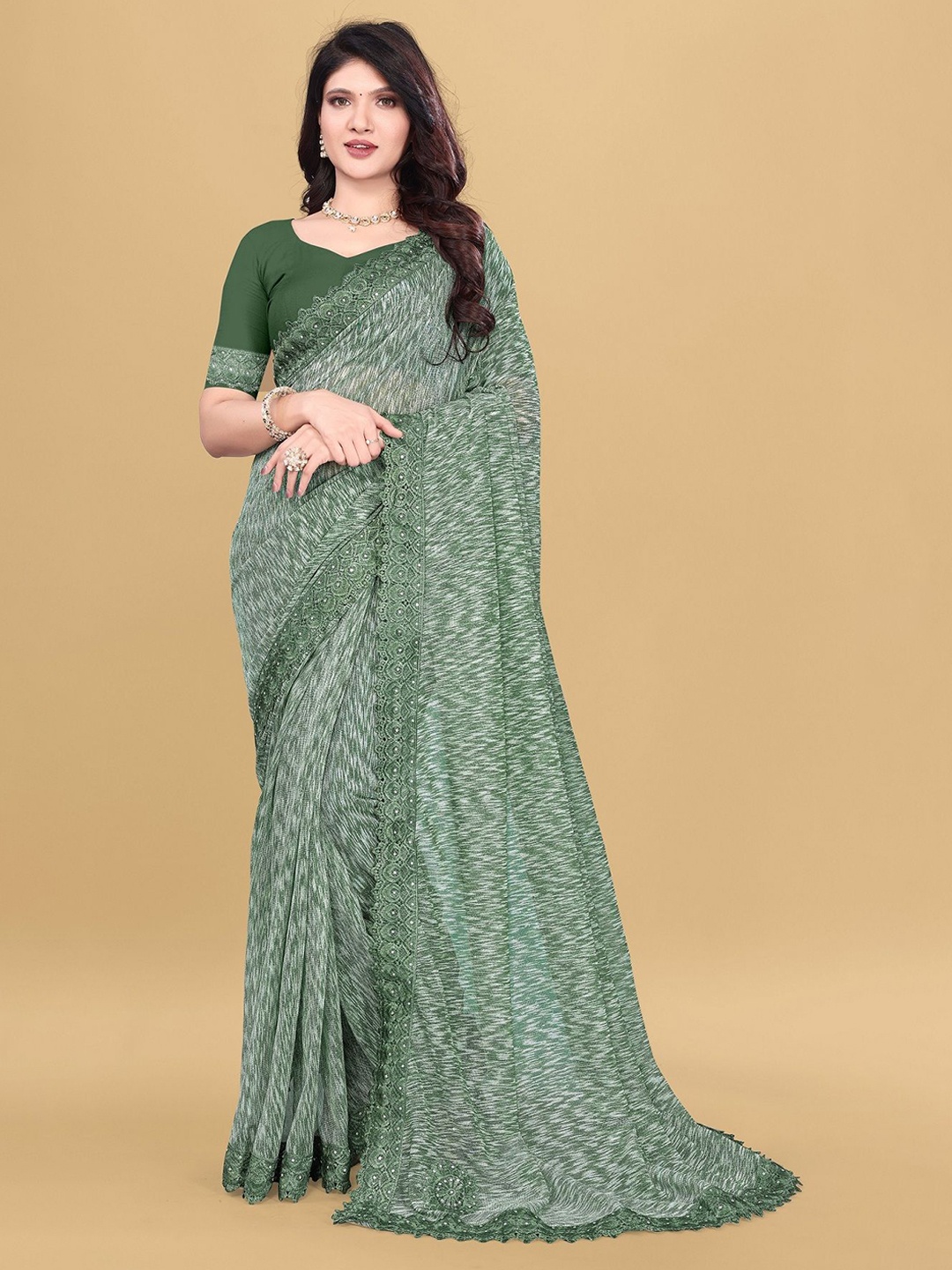 

Aika Embellished Beads and Stones Saree, Green