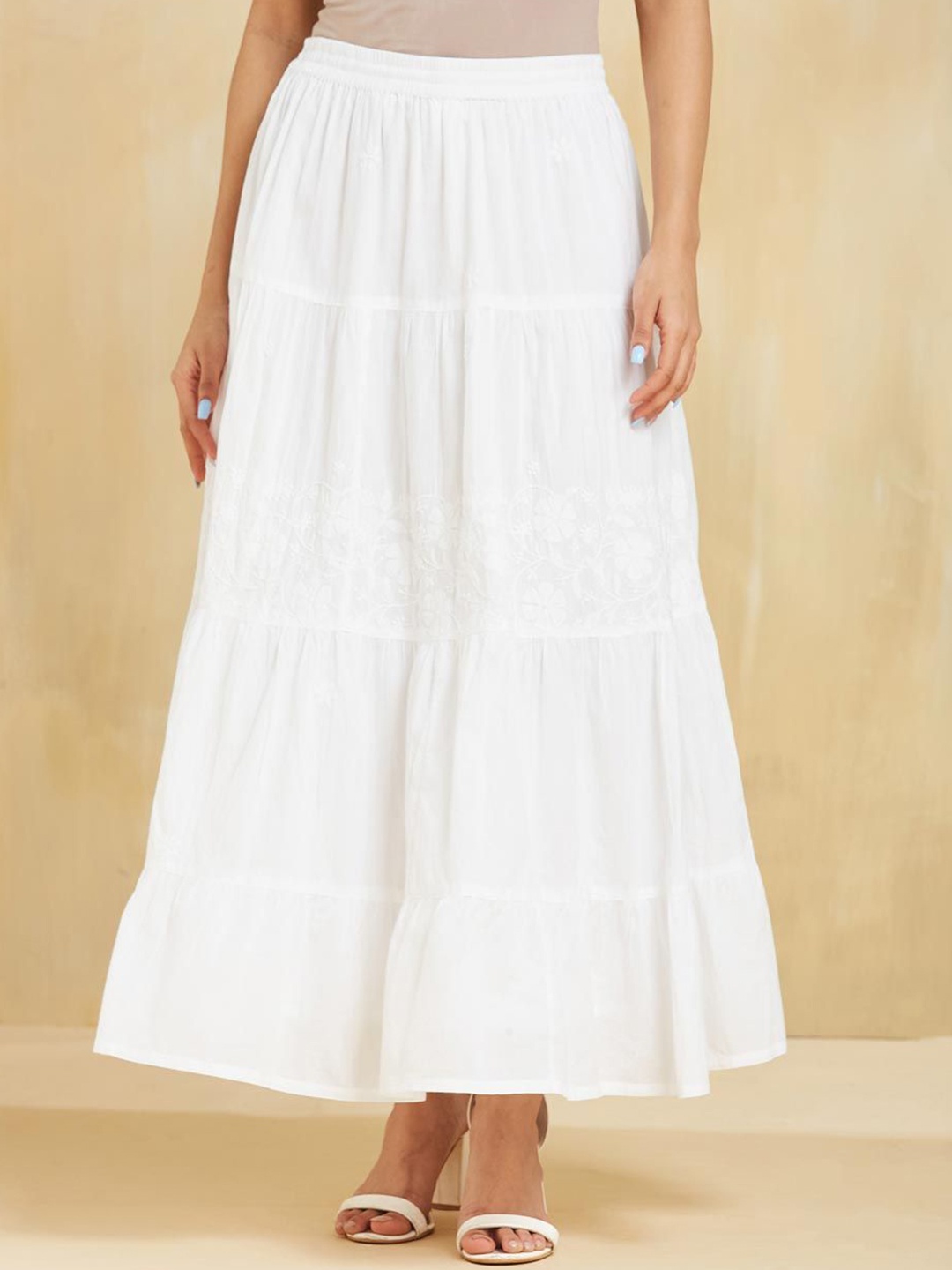 

FabindiaTiered Chikankari Maxi Skirt, White
