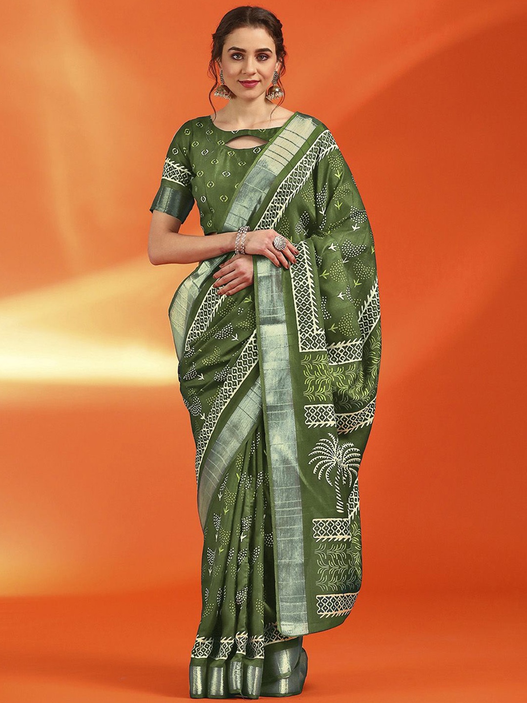 

Anouk Rustic Ethnic Motifs Zari Silk Cotton Sungudi Saree, Green
