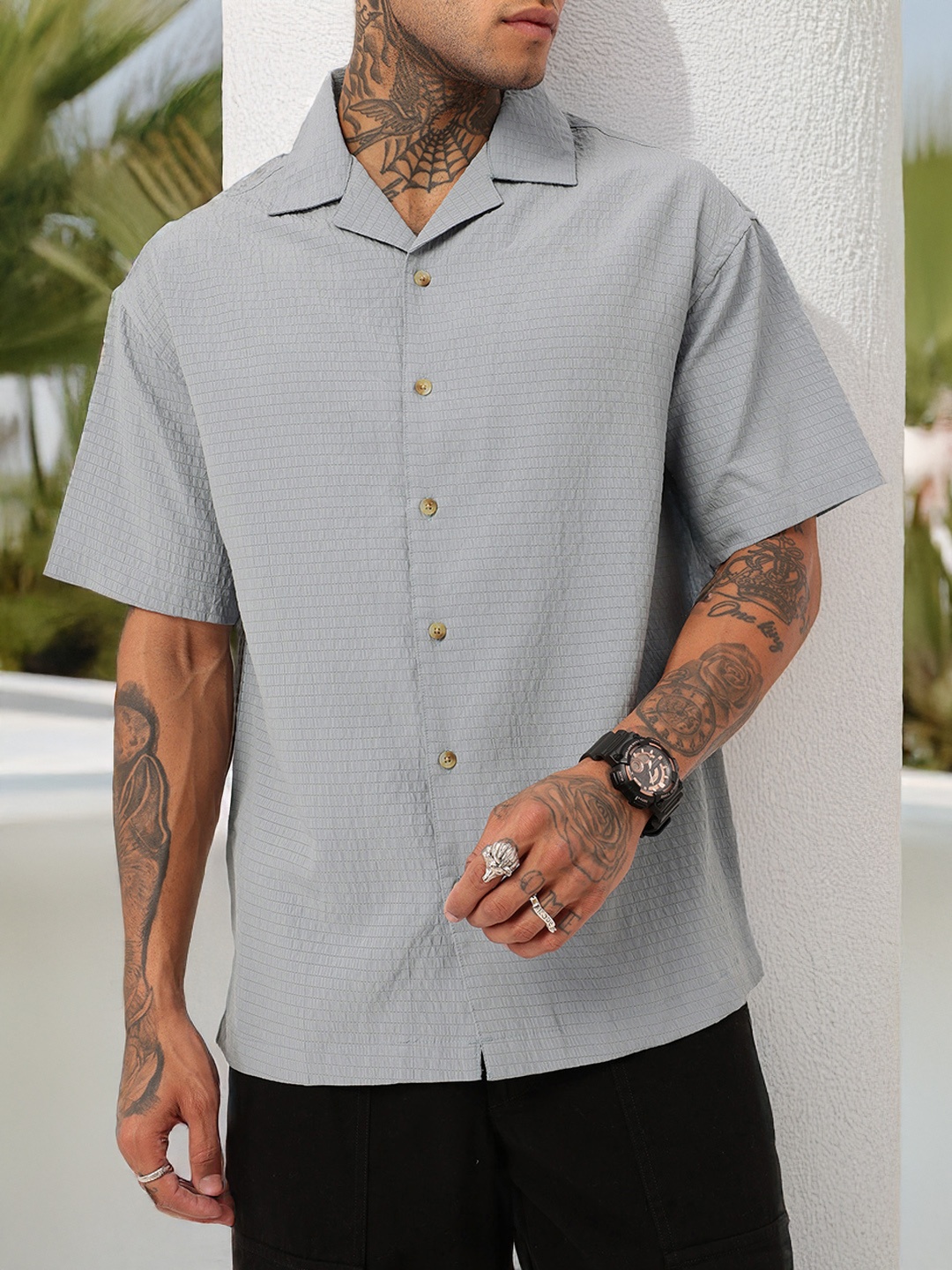 

WROGN Resort Vibe Textured Self Stripes Seersucker Oversized Shirt, Grey