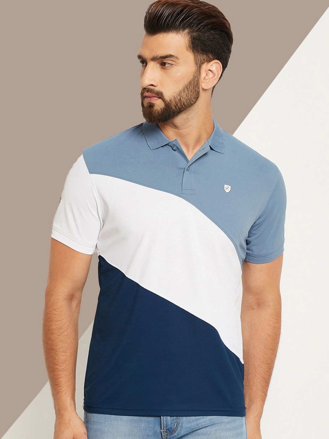 

OGEN Men Colourblocked Polo Collar Applique T-shirt, Navy blue