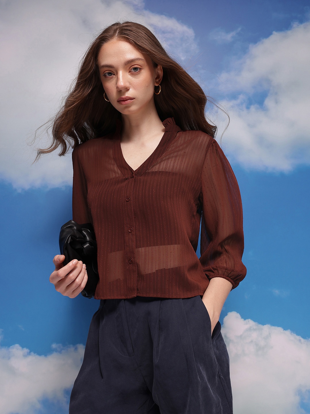 

CORSICA Self Designed Mandarin Collar Puff Sleeve Top, Brown