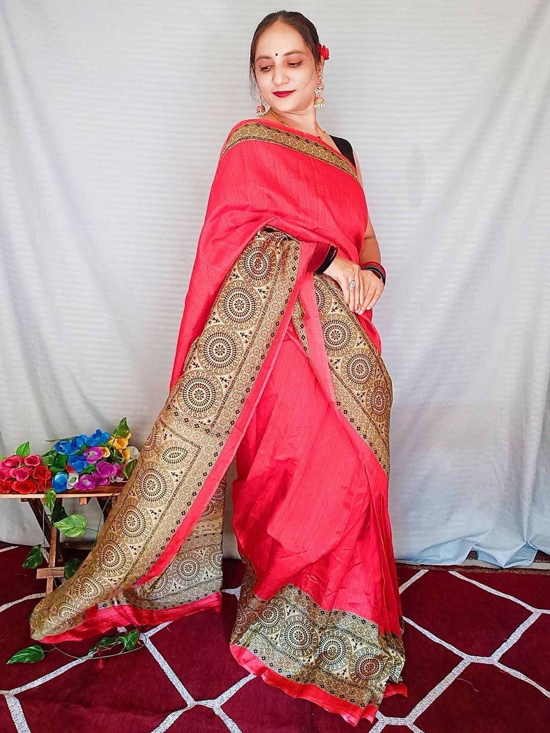 

Mitera Bagh Art Silk Ready to Wear Bagh Saree, Red
